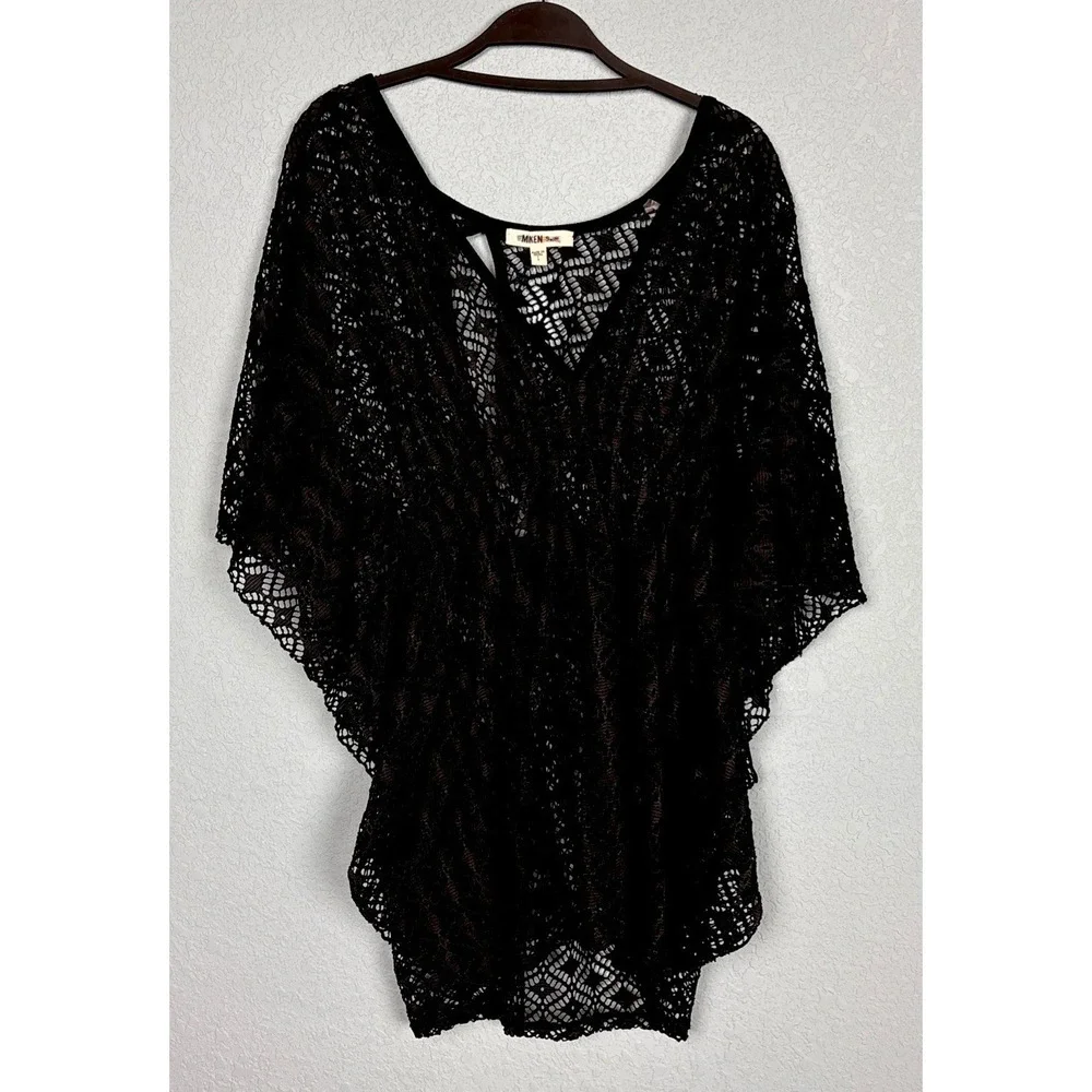 Miken‎ Black Lace Mesh Sheer Top Swim Cover Up Women's L Boho Festival Beach